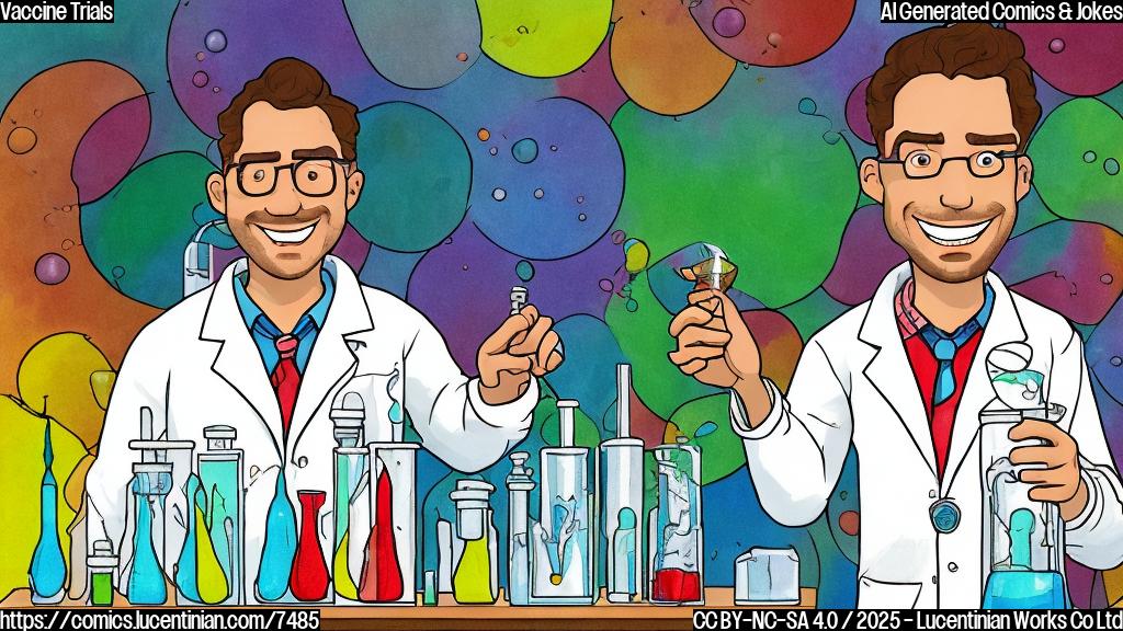 A cartoon image of a smiling man with wavy hair holding an empty glass vial in his hand. He is standing in front of a table with several other vials filled with colorful liquids. In the background are other people in lab coats looking confused. The style is simple and colorful, like a children's book illustration.