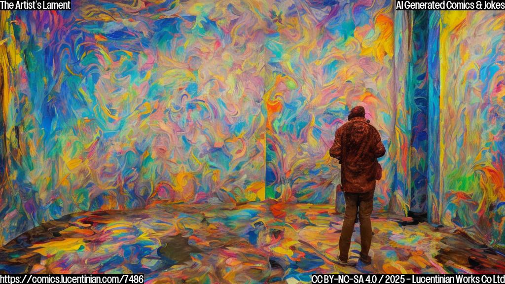 A single, frustrated painter with wild, colorful hair standing in an empty art gallery. The gallery walls are bare, and the painter is holding an empty paint palette with a look of despair on his face. The style should be plain cartoon, using flat colors.