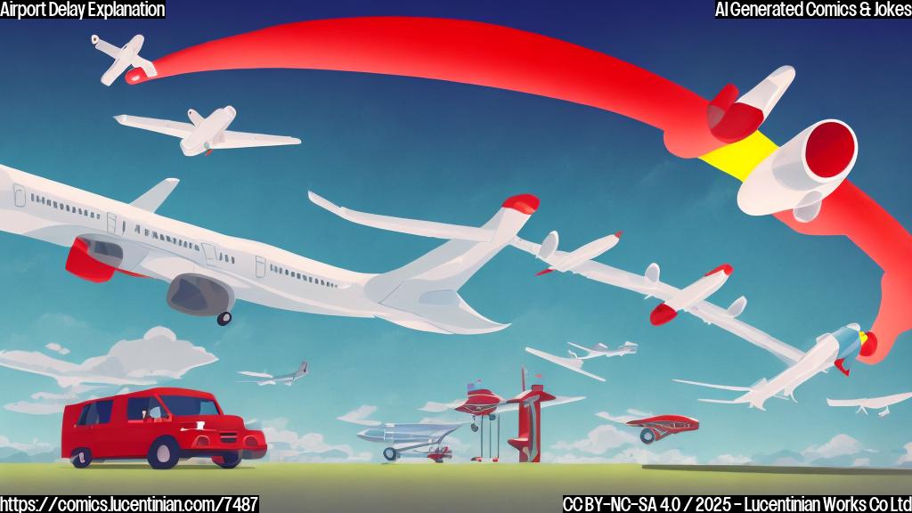 Cartoon illustration of several generic-looking airplanes sitting on a generic airport runway. A disembodied red traffic light is hanging in the air above them. The sky is light blue. The overall style is simple and child-like.