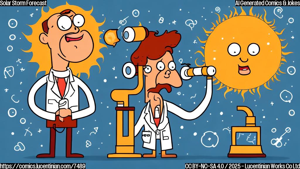 Draw a cartoon image of a scientist with a telescope pointed towards the sun, which has angry eyebrows. The scientist is smiling confidently and holding a tablet displaying a weather forecast icon with a sun and storm clouds. Use a simple, flat color style.