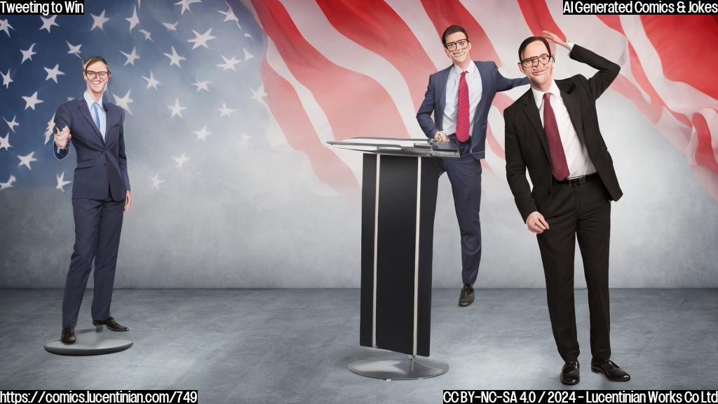A smiling, bespectacled person with a suit and tie is standing on a raised platform, holding onto a step. The background is blurred, and the person's hands are grasping for a podium. The lighting is soft, and there is a subtle glow behind the politician, suggesting a TV screen or stage lights.