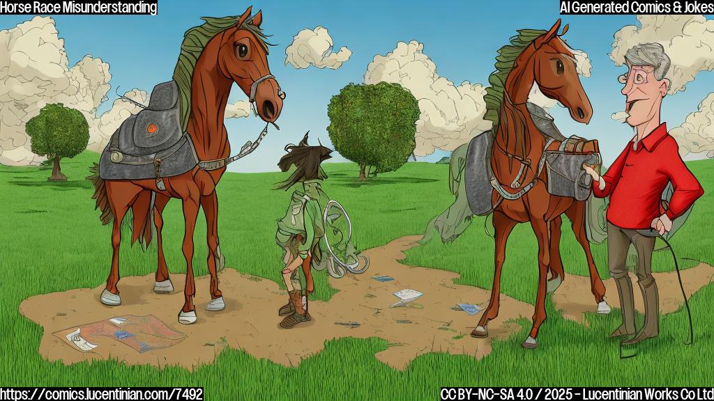 cartoon style image of a confused tourist with a map talking to a horse wearing a saddle. The background is a grassy field with a blurry image of a racetrack in the distance.