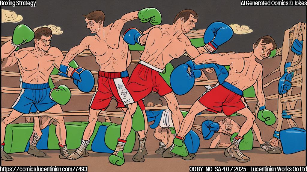 a plain color cartoon style image of a boxing ring with two boxers. One boxer is holding a ladder, trying to climb it to reach the other boxer's face, who has his gloves raised high in a defensive position.