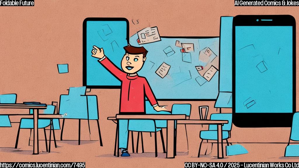 Cartoon style illustration of a sad, generic smartphone character with a cracked screen sitting in a classroom labeled "Detention," while a shiny, happy foldable phone character waves from outside the window. The background is a plain light blue color.