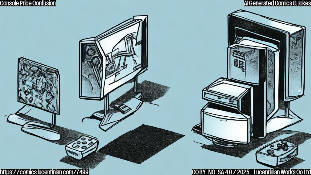 A cartoon drawing of two game consoles. One is white and sleek, standing slightly shorter. The other is black and boxy, standing taller. Both are looking at a price tag with question marks above their heads. The background is a simple gradient of light blue.