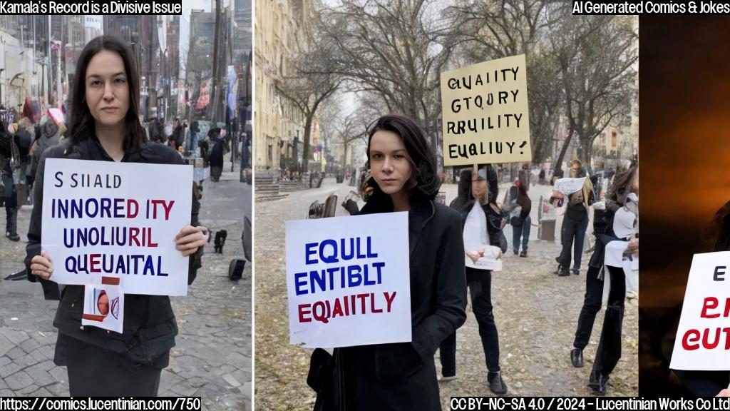 A woman with short, dark hair and a stern expression standing in front of a split screen displaying two contrasting images: one showing a city filled with people holding signs that read "Equality" and the other showing a city filled with people holding signs that read "Uncertainty".