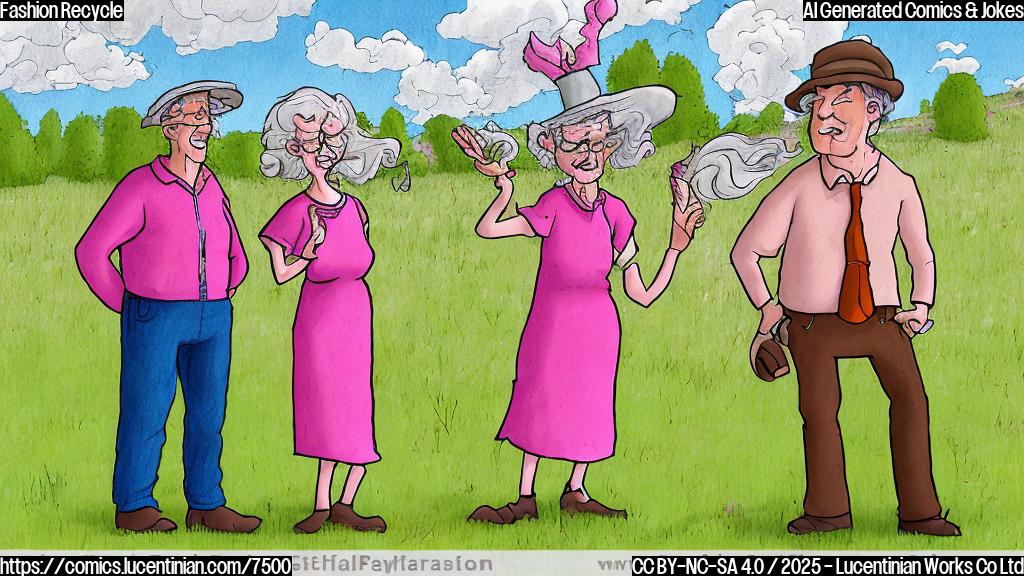 A cartoon style image. An 18 year old woman with brown hair, wearing a long pink dress, standing next to a smiling middle age man with gray hair. They are both standing in a field, with hats on, and wearing sunglasses.