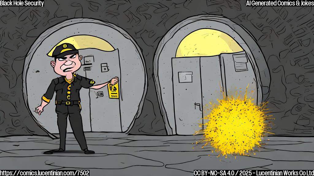 Cartoon drawing of a pitch black circle with an angry face, wearing a security guard uniform and standing in front of a door labeled "Entrance". Small colorful explosions are happening around the black circle, as if bombs are exploding in the background.