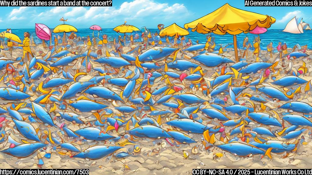 Cartoon drawing of a group of cartoon sardines playing musical instruments on a beach, with a massive crowd of generic cartoon people in the background. The sky is light blue and the sand is yellow. The overall style is simple and colorful.