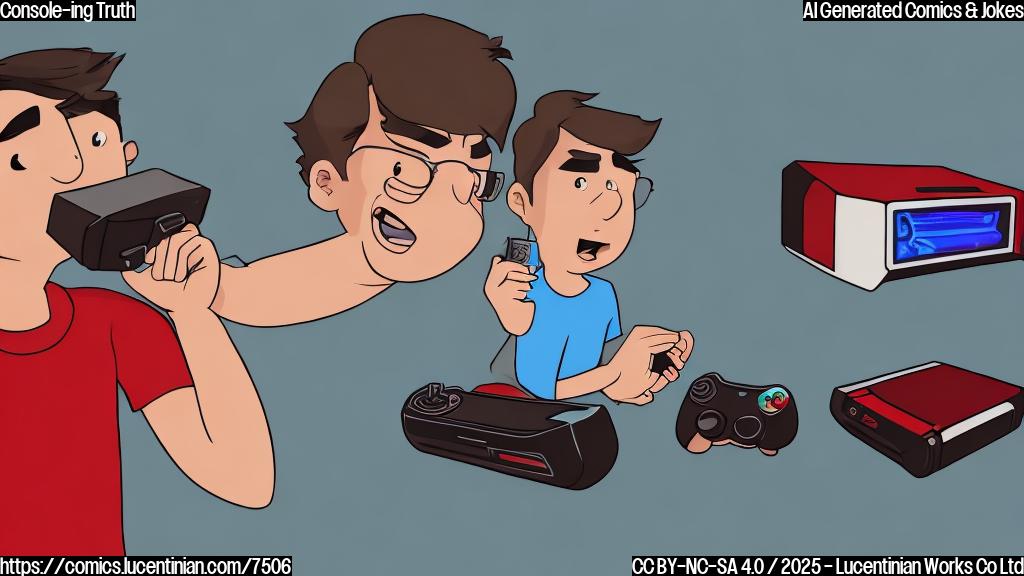 A frustrated gamer with short brown hair and a red t-shirt staring at a game console in disbelief. The console is gray with a sad face on its screen. The background is plain light blue. Cartoon style.