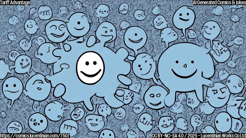 A simple, flat cartoon of a hand dryer with a smiling face, blowing air at several smaller, sad-looking hand dryers. The background is a plain, light blue.