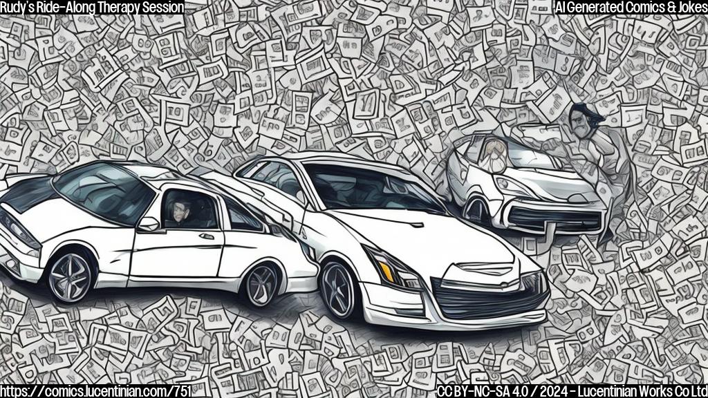 Draw a cartoon-style picture of a white, shiny car with a therapist in the background, surrounded by papers and pens. The car should be depicted with a sad expression on its front grille, and the therapist should have a concerned look on their face.