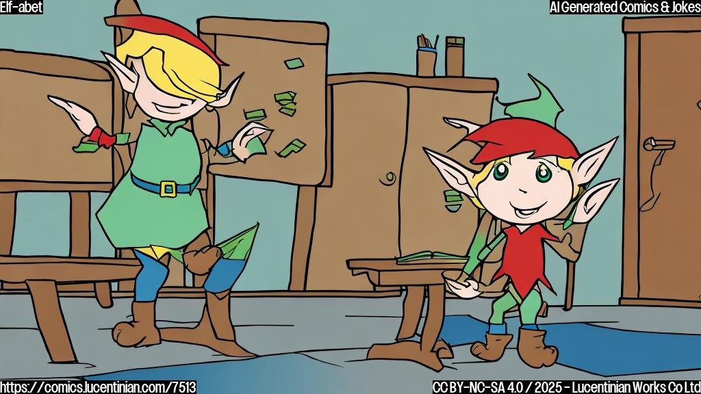 Draw a plain color cartoon style image of an elf in a classroom raising his hand.