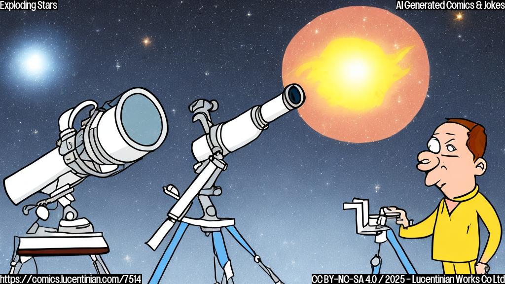 a plain cartoon style picture of an astronomer with a telescope looking sadly at a star exploding in the distance, against a dark blue space background.