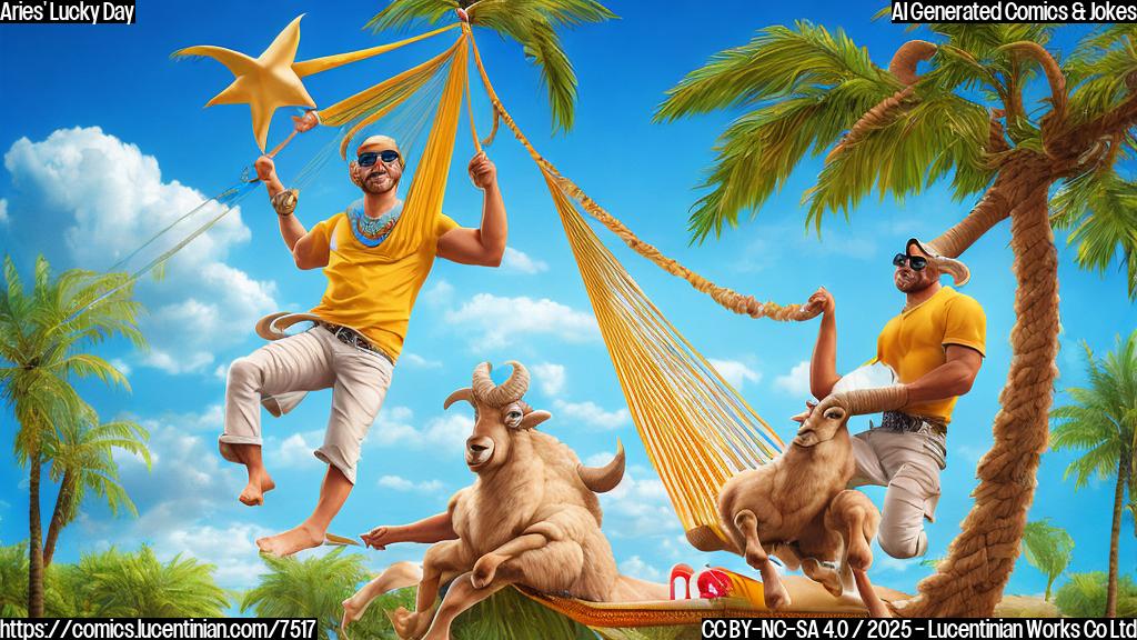Aries, the ram zodiac sign, using a ladder to climb a giant hammock strung between two palm trees. The scene is bright, sunny, and cartoonish, with a light blue sky. The ram is wearing sunglasses and a Hawaiian shirt.