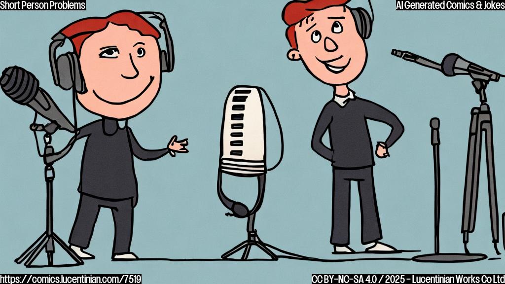 A simple cartoon of a very short person standing in front of a microphone on a stage, looking confused and holding a small step ladder. The background is a plain light blue.