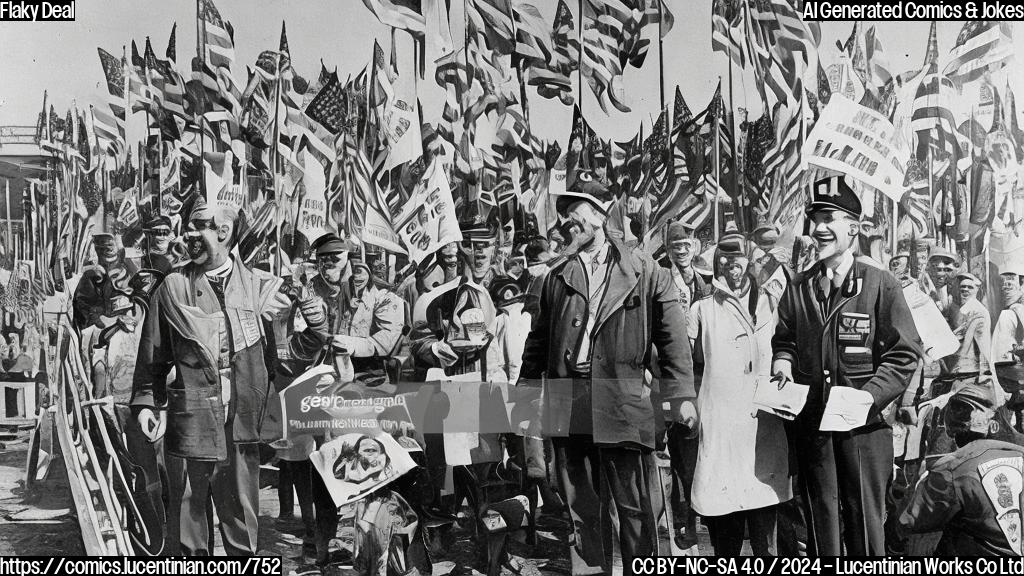 A cartoon of a union leader with a smile on their face, holding a contract and standing next to an airplane, with a factory worker in the background looking relieved, surrounded by flags with the American flag and the International Transport Workers' Federation logo.