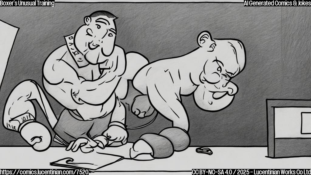 A cartoon drawing of a muscular boxer in training gear sitting at a desk solving algebra equations. The style should be plain color, simple shapes.