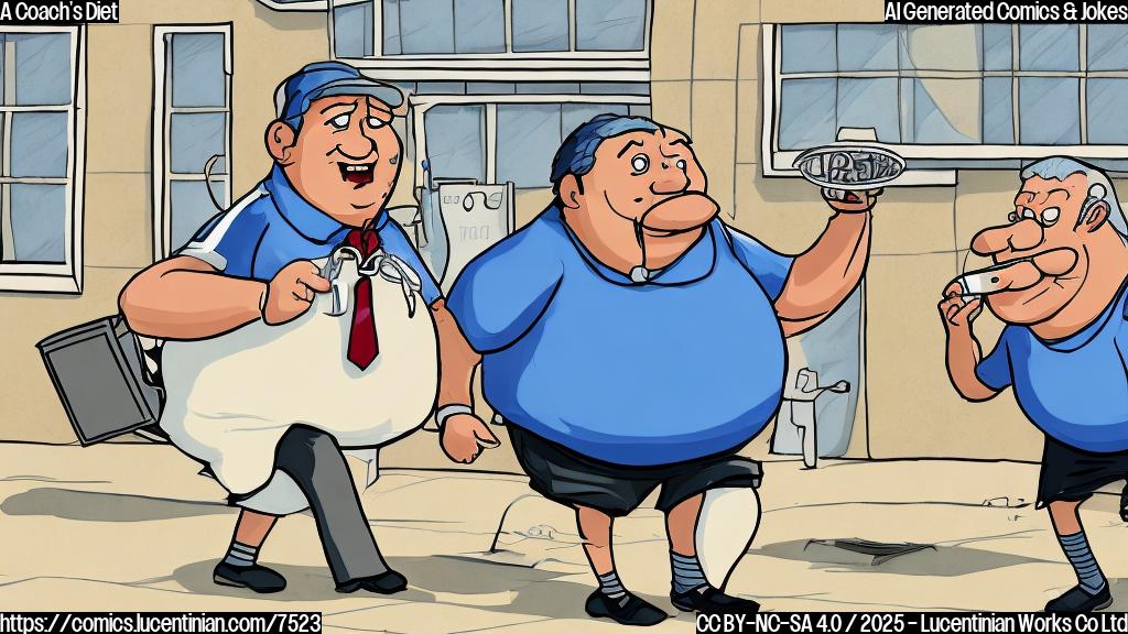 Create a plain color cartoon style image of a portly, middle-aged football coach wearing a whistle around his neck and carrying a ladder towards a cafeteria building. The cafeteria has comically oversized plates of food visible through the windows. The coach has a determined expression on his face.