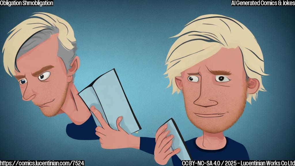 A cartoon style image of a confused looking man with bright blond hair standing next to a large, dusty law book which is visibly sweating and holding its head in pain. The background is plain light blue.