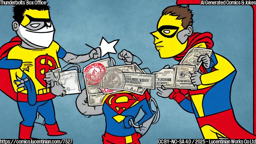 A plain color cartoon style image depicting a movie theater marquee displaying the title "Thunderbolts" with a dollar sign next to it having a sad face. Below, a stick figure wearing a superhero mask is holding defibrillator paddles to the dollar sign. The background is a simple blue.