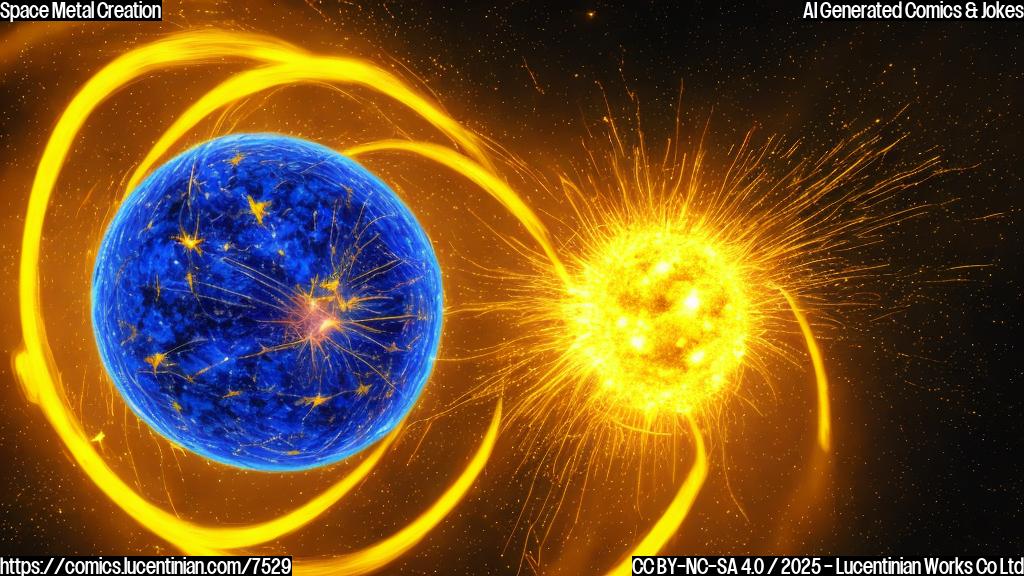 A cartoon style image. A magnetar is pulsing with light. Gold, platinum, and uranium are flying out of it.