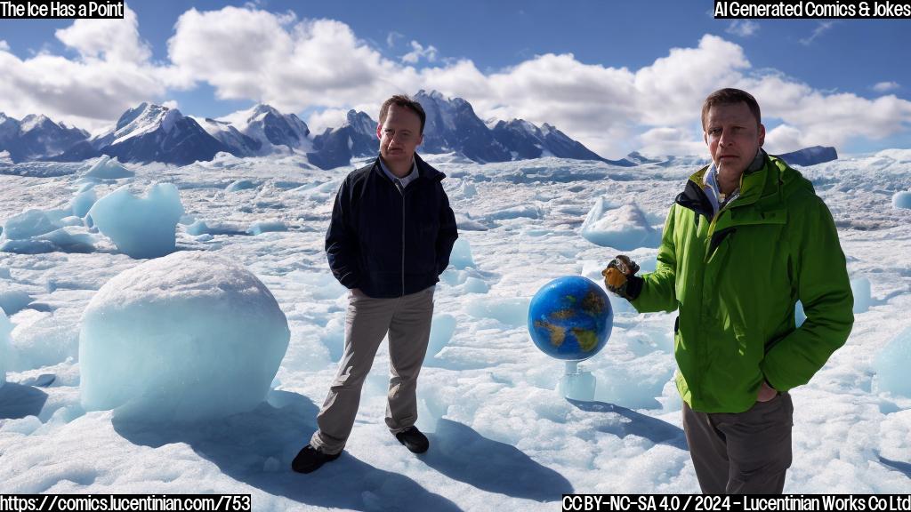 A person with a concerned expression is standing next to a chunk of melting ice. The background is a blurred, icy landscape with snow-capped mountains in the distance. The melted ice has a few cracks and crevices, with a small pool of water at its base. The person is holding a globe with a cracked surface, symbolizing the Earth's melting limits.