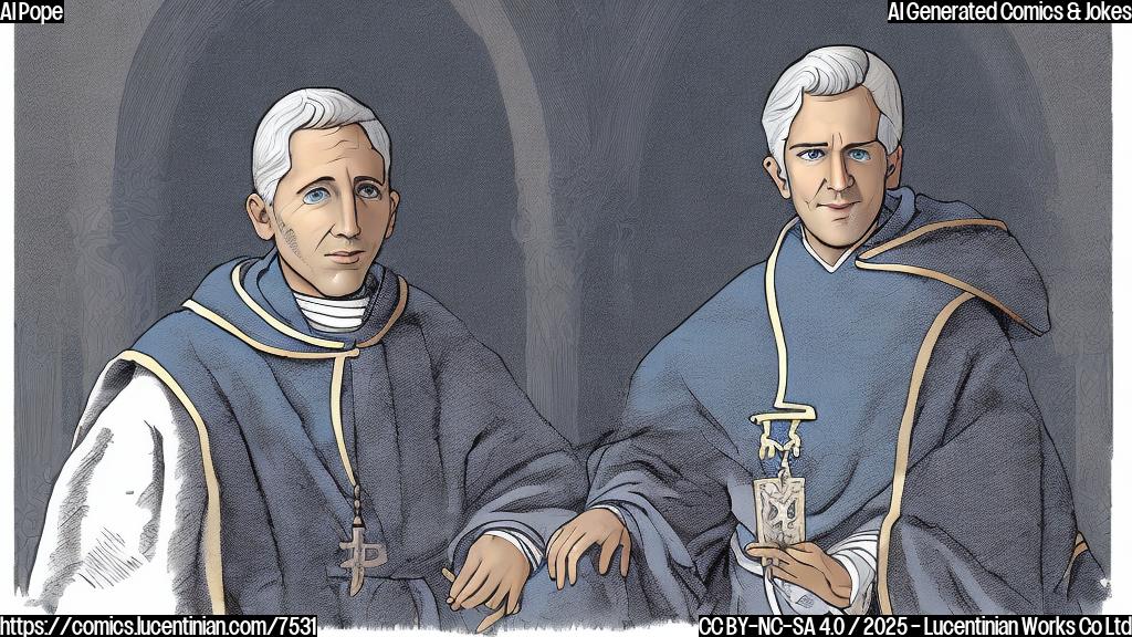 A cartoon image in a plain color style of a man with blond hair wearing papal robes and a large papal hat. The background is a solid light blue color.