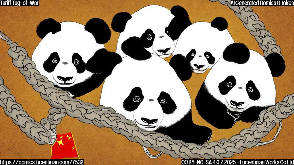 Cartoon illustration of two giant panda bears on opposite sides of a thick rope, looking dejected. The rope is labeled with dollar signs and Chinese symbols.