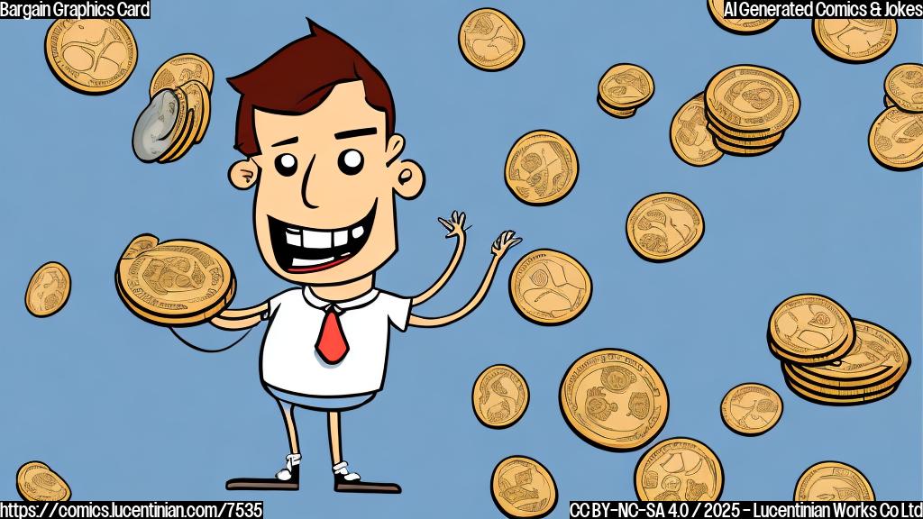 Cartoon illustration of a happy graphics card wearing a price tag that says "$299", standing in front of a stack of coins. The background is a plain light blue color. Style: Simple, clean lines, bright colors.
