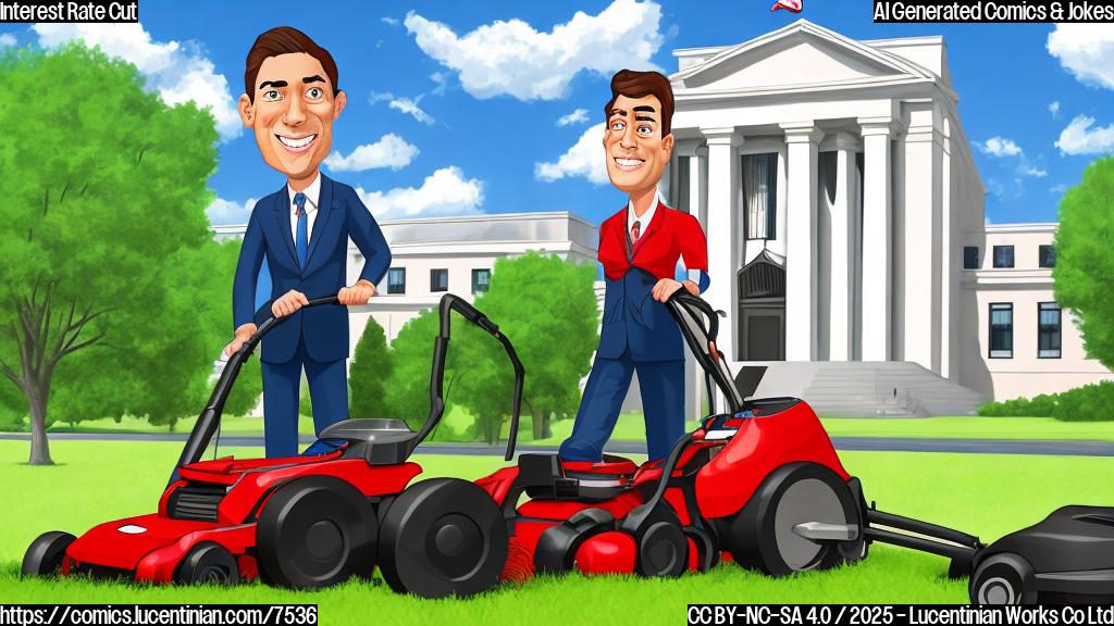 A cartoon image of a person in a business suit pushing a bright red lawnmower towards a large building with "Federal Reserve" subtly printed on it. The sky is blue and sunny, with a few fluffy clouds.
