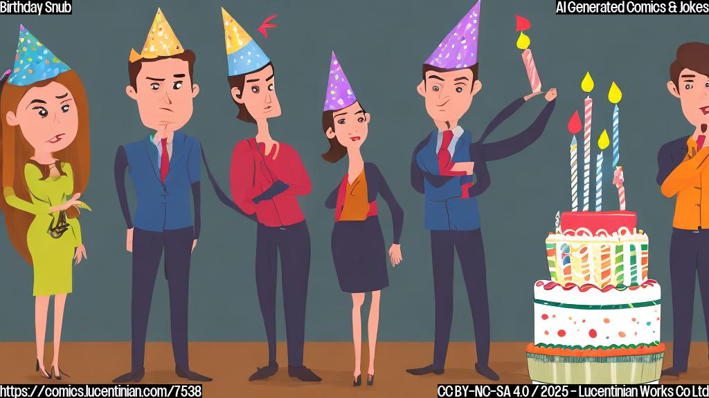 Cartoon drawing of a slightly annoyed looking man in a suit, standing next to a birthday cake, with a disgruntled looking young man and woman standing a few feet away, arms crossed. Plain background, bright colors.