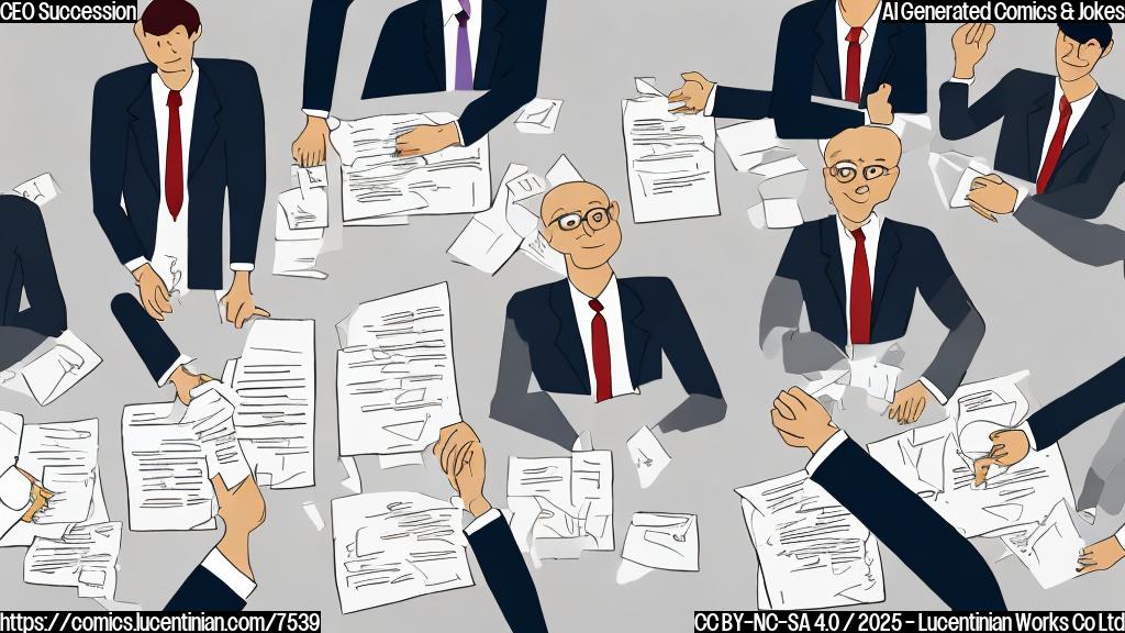 a plain color cartoon style picture, depicting a group of faceless business people sitting around a large, polished table in a boardroom, all raising their hands in agreement. A spotlight shines on a single document labeled "CEO Succession Plan." The overall tone is positive and decisive.