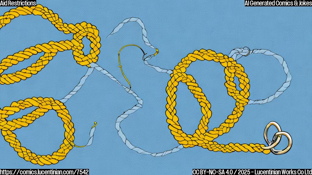 Cartoon image of a plain yellow rope tied in numerous complicated knots, symbolizing bureaucratic obstacles, against a light blue background.