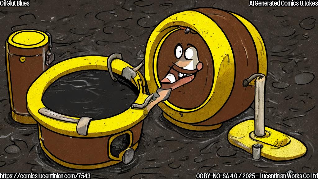 cartoon style, a sad looking brown oil barrel with a worried expression, standing in a puddle of black oil, plain yellow background