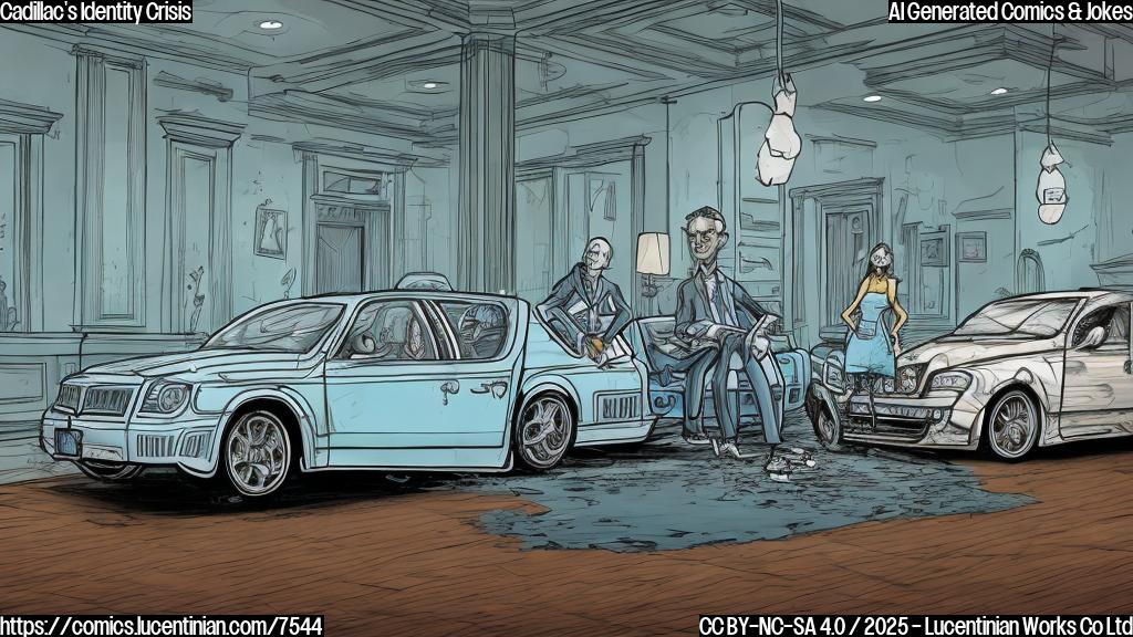 A cartoon drawing of a luxury car, clearly distressed, sitting on a therapist's couch. The therapist is a wise-looking anthropomorphic wrench. The background is a generic office setting. Solid light blue color.