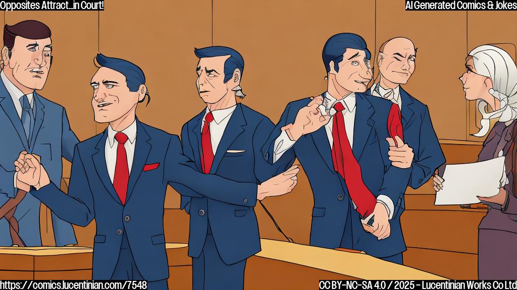 Cartoon illustration of a courtroom scene. On one side, a lawyer with a stern expression, wearing a dark blue suit and tie, stands rigidly. On the opposing side, a lawyer with a tan, a flamboyant expression, wearing a bright red jacket, gestures emphatically. The background is a simple, plain color backdrop.
