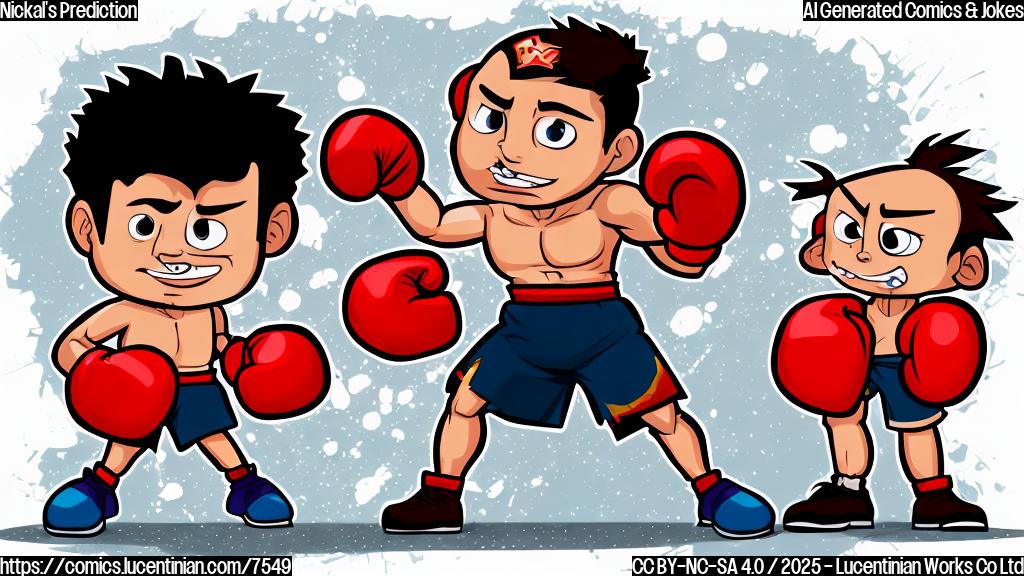 A disappointed cartoon fighter with a black eye sitting on a stool in a boxing ring corner. The opposite corner is filled with a smiling karma character wearing boxing gloves. Plain color background. Cartoon style.