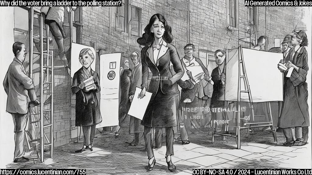 A cartoon-style picture of a person, presumably a woman, standing in front of a polling station with a ladder next to them. She is holding a ballot box and looking determined. The ladder should be leaning against the side of the building or the polling booth, with its top section partially visible above the crowd of people waiting to vote.