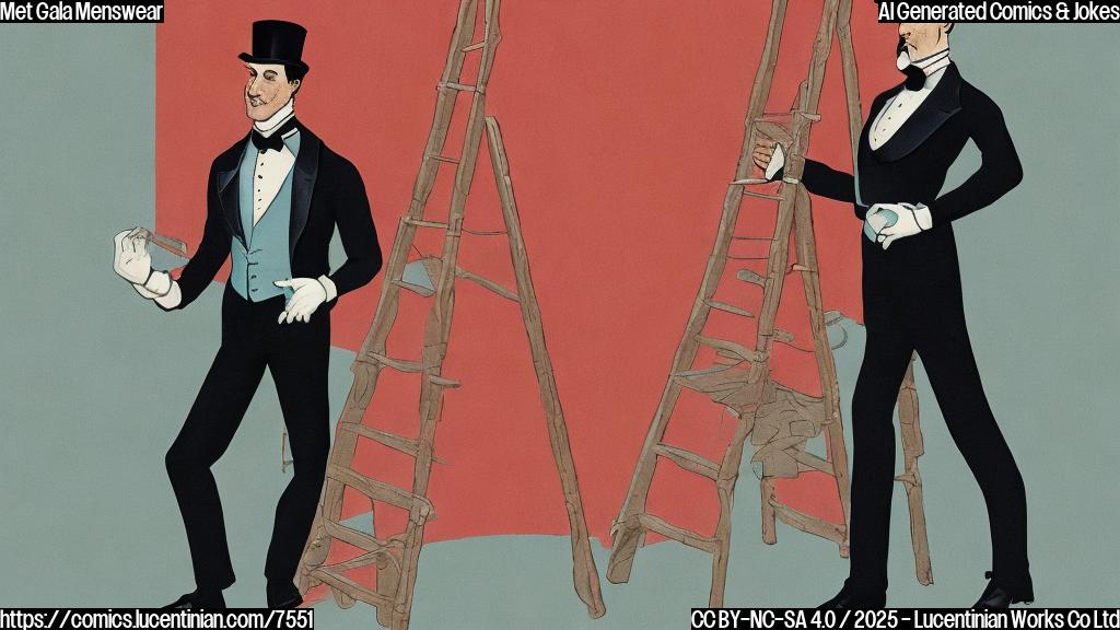 A simple, plain color cartoon image of a stylish person wearing a tuxedo and top hat, carrying a bright red ladder. The background is a solid light blue.