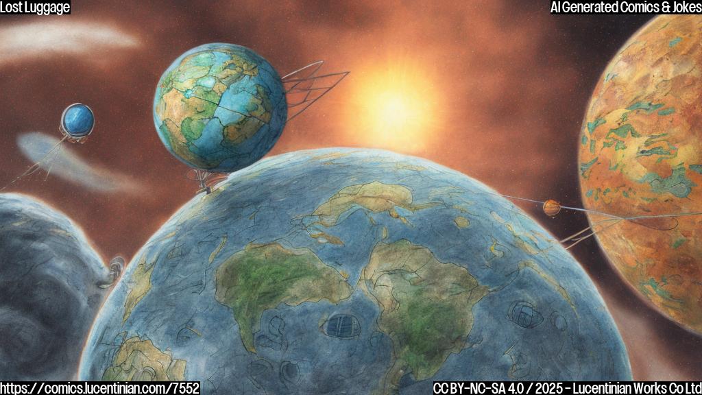 A faded, cartoon-style drawing of a rusty, spherical spacecraft with antennas, descending towards a cartoon Earth with exaggerated continents and puffy clouds. The spacecraft has a baggage claim ticket attached to its side.