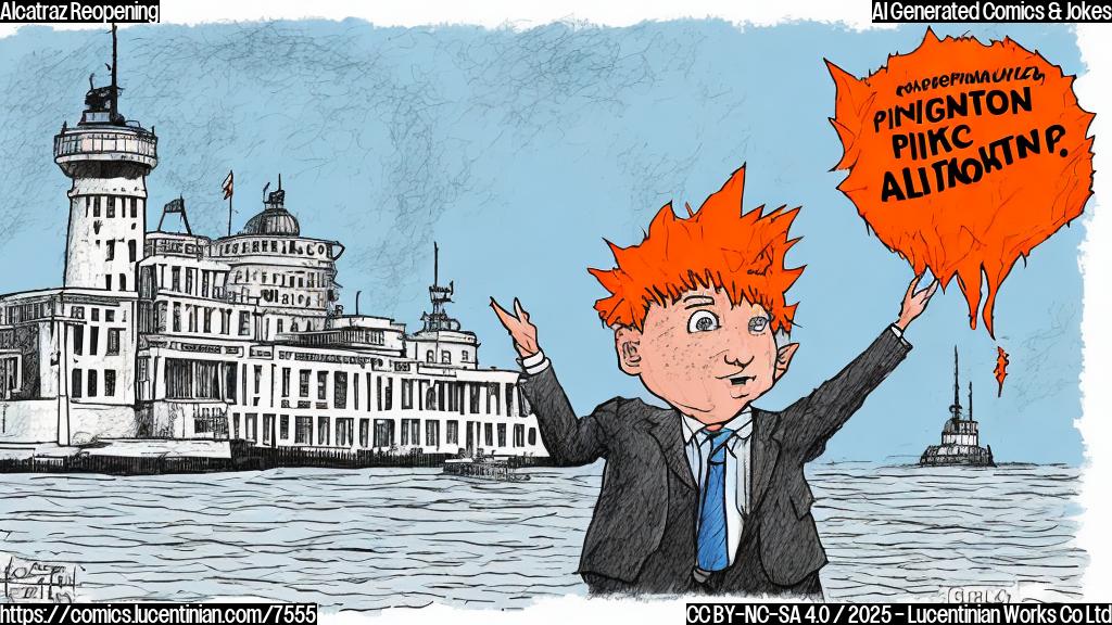 Cartoon of a politician with spiky orange hair pointing towards a cartoon Alcatraz island prison. The sky is a plain light blue.