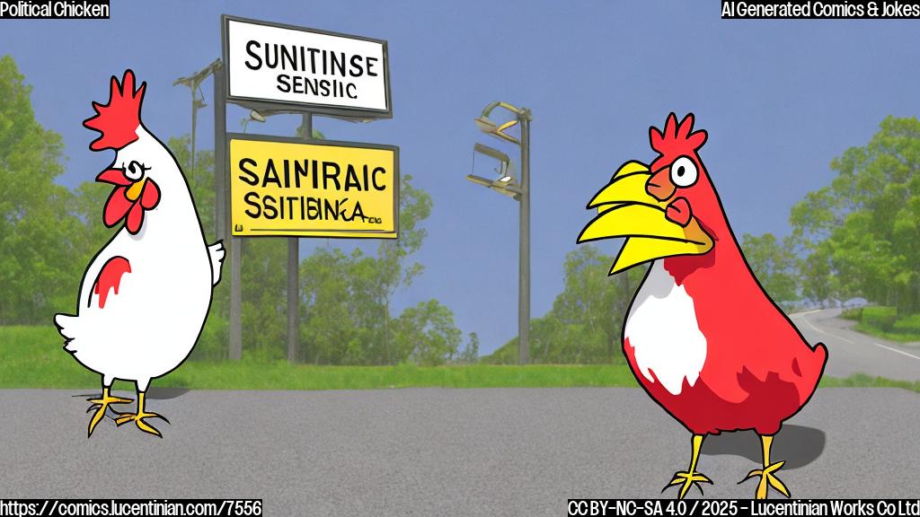 A cartoon image of a chicken wearing a business suit standing near a road sign that says "Senate", with a worried expression. The background is a plain light blue.
