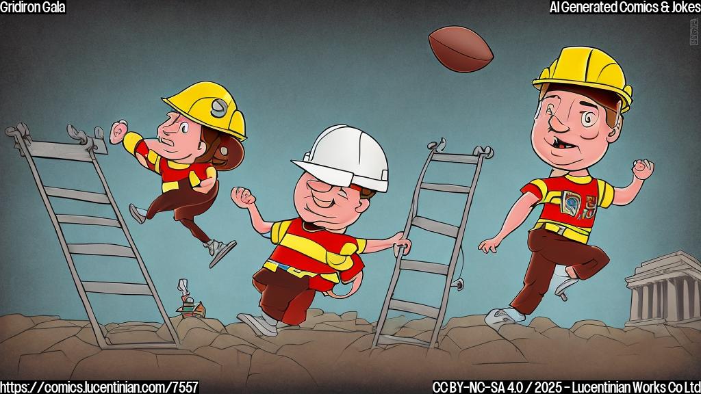 A cartoon-style image depicting a football wearing a tiny hard hat and carrying a comically large ladder. The background shows simplified, plain colored outlines of famous monuments, suggesting the National Mall. The overall tone should be lighthearted and humorous, using bright and cheerful colors.