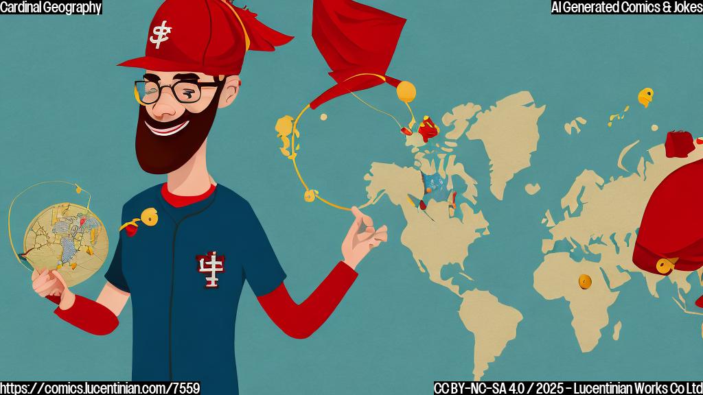Cartoon style, plain background, showing a person with glasses holding a world map and smiling, wearing a silly cardinal hat.