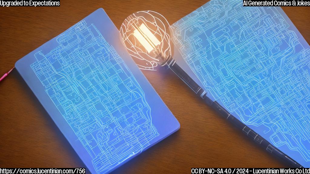 A notebook with glowing blue lines and a brain-like circuit board, surrounded by scattered notes and papers, with a bright lightbulb moment above its cover.