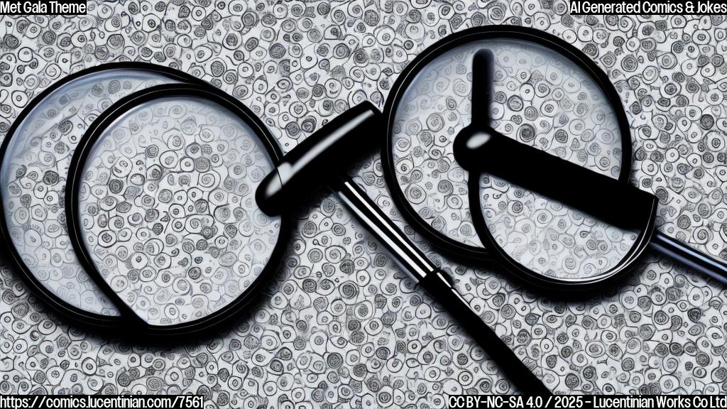 A cartoon magnifying glass looking closely at a small, impeccably tailored black suit. The background is a simple red carpet.