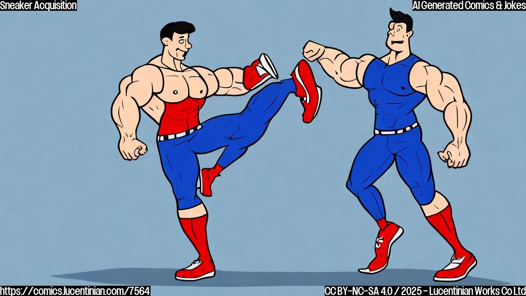 a cartoon image of a muscular character wearing business attire, flexing their leg showing a bright colored sneaker. The background is a plain light blue.