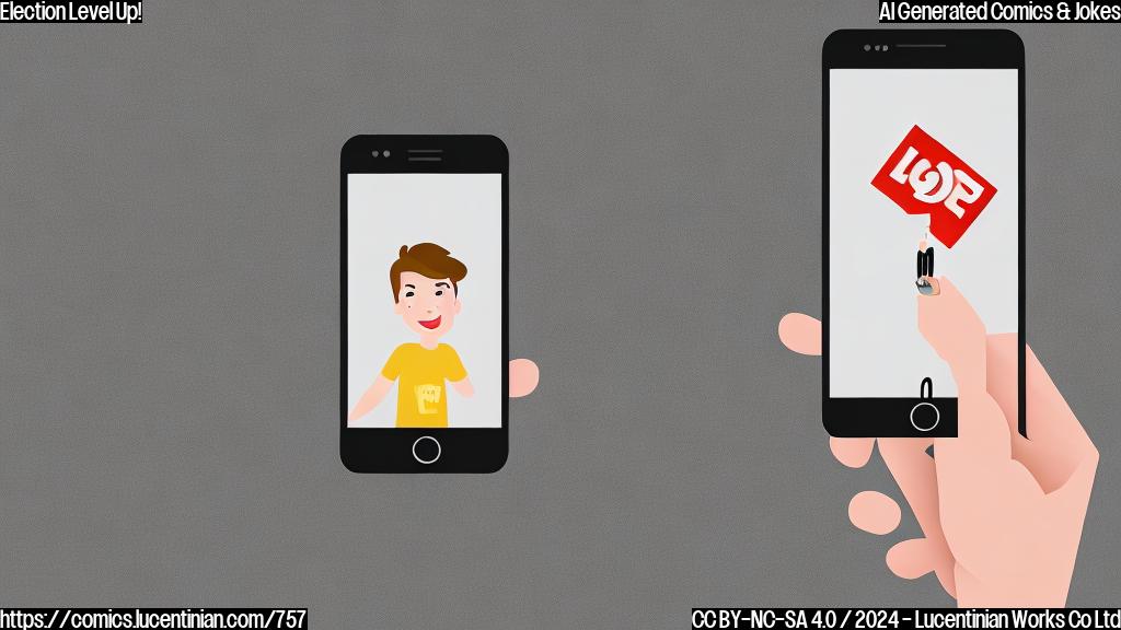 Draw a cartoon of a person holding an iPhone on their lockscreen, with a ladder in the background and election-related graphics displayed on the screen.