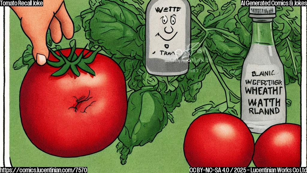 Cartoon image of a blushing red tomato with a worried expression, wearing a small recall tag, standing next to a bottle of salad dressing. The background is a plain light green.